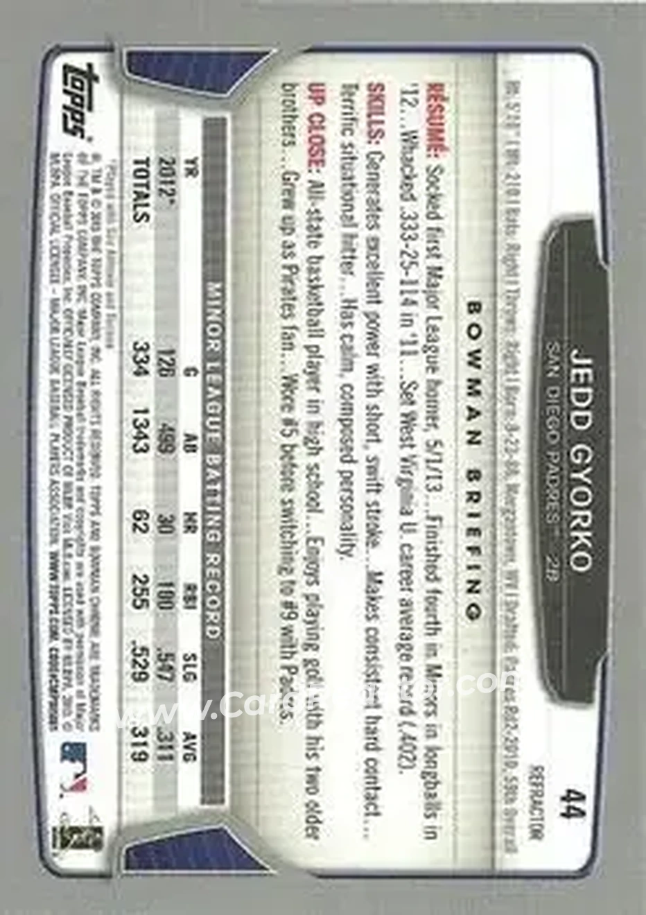 2013 Bowman Chrome - Green Refractors #44 - Jedd Gyorko - San Diego Padres - Back 2013 Bowman Chrome - Green Refractors #44 - Jedd Gyorko - San Diego Padres - Back