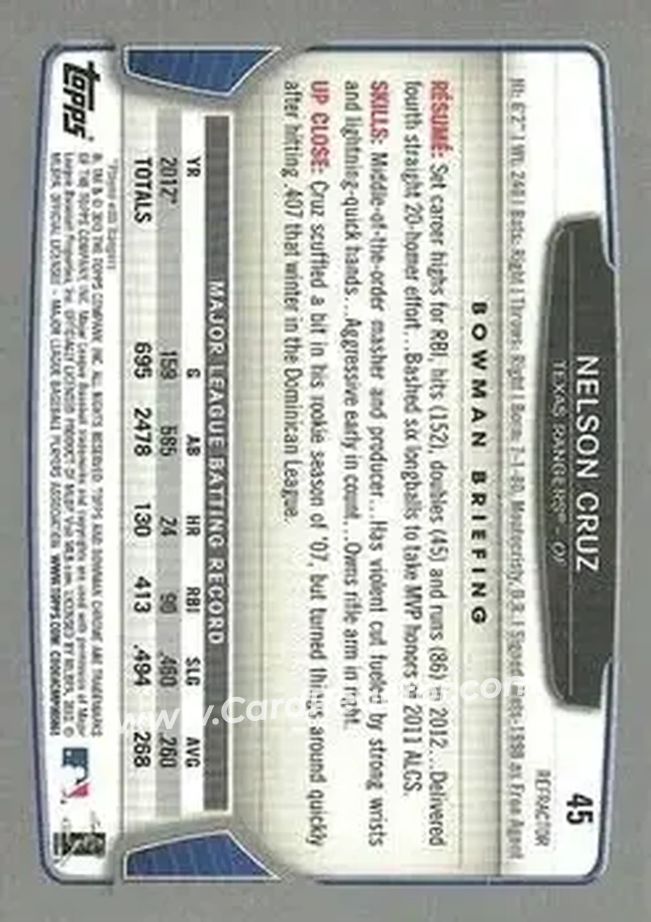 2013 Bowman Chrome - Green Refractors #45 - Nelson Cruz - Texas Rangers - Back