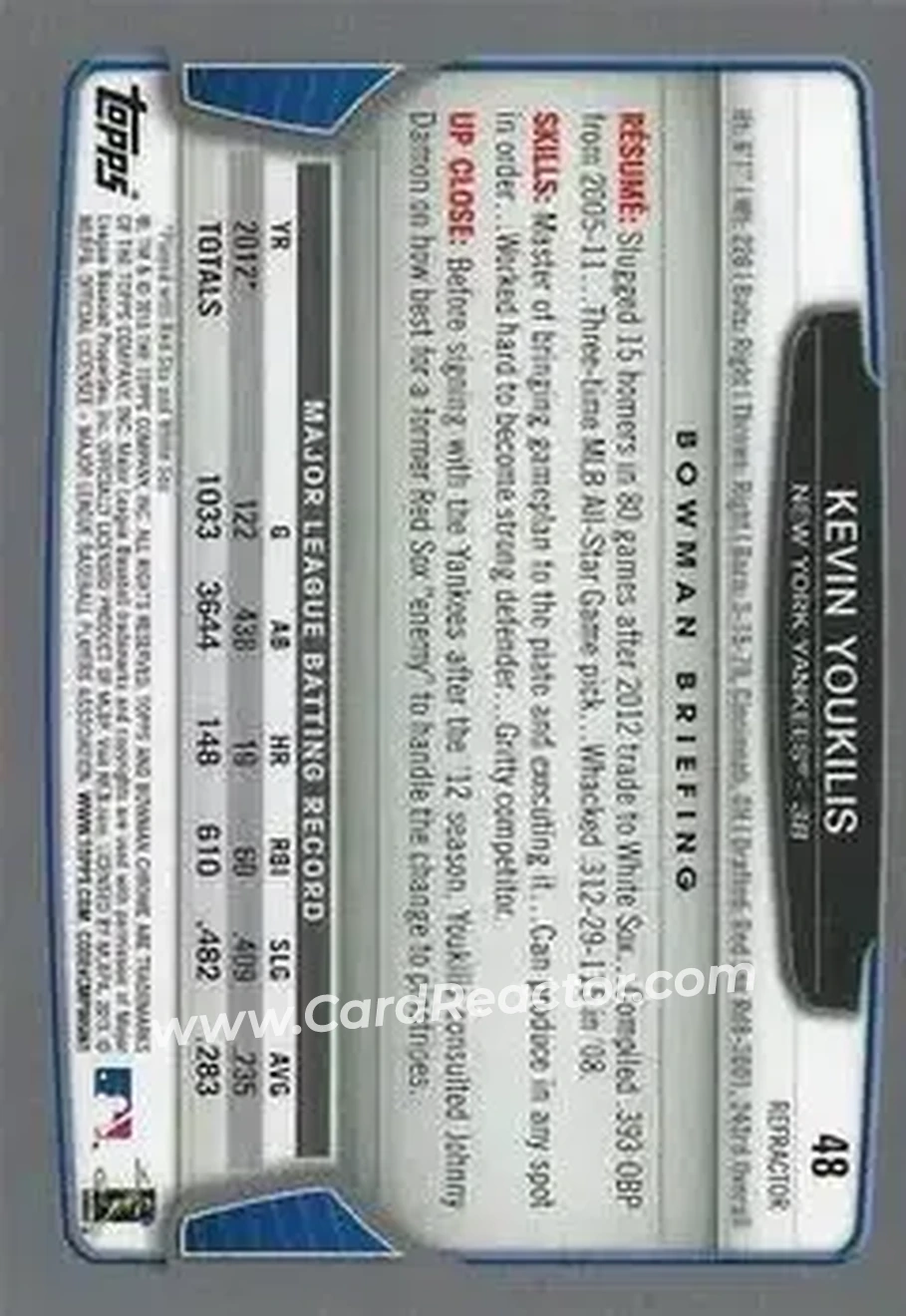 2013 Bowman Chrome - Green Refractors #48 - Kevin Youkilis - New York Yankees - Back