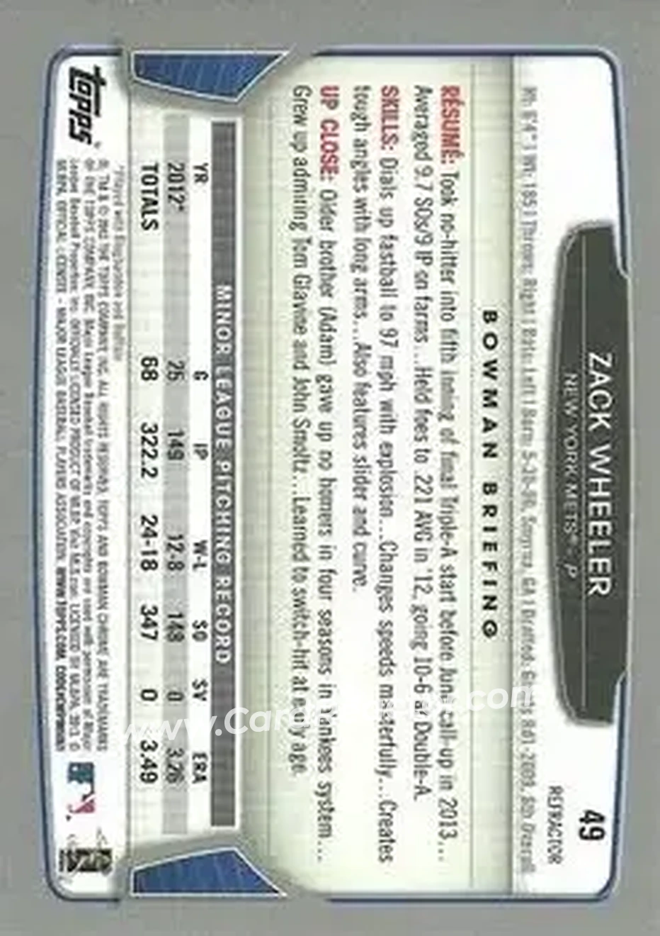 2013 Bowman Chrome - Green Refractors #49 - Zack Wheeler - New York Mets - Back