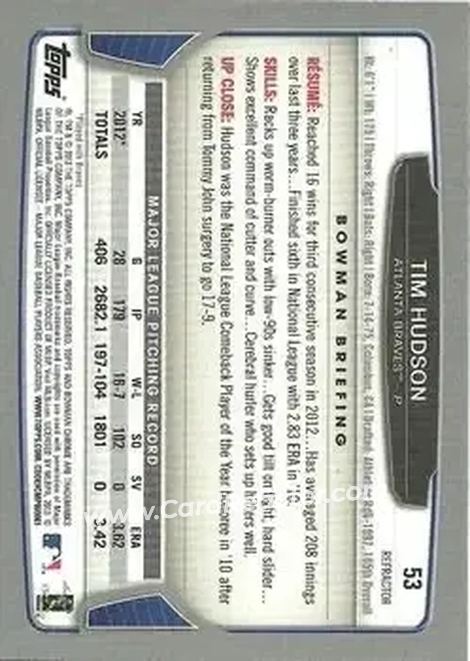 2013 Bowman Chrome - Green Refractors #53 - Tim Hudson - Atlanta Braves - Back