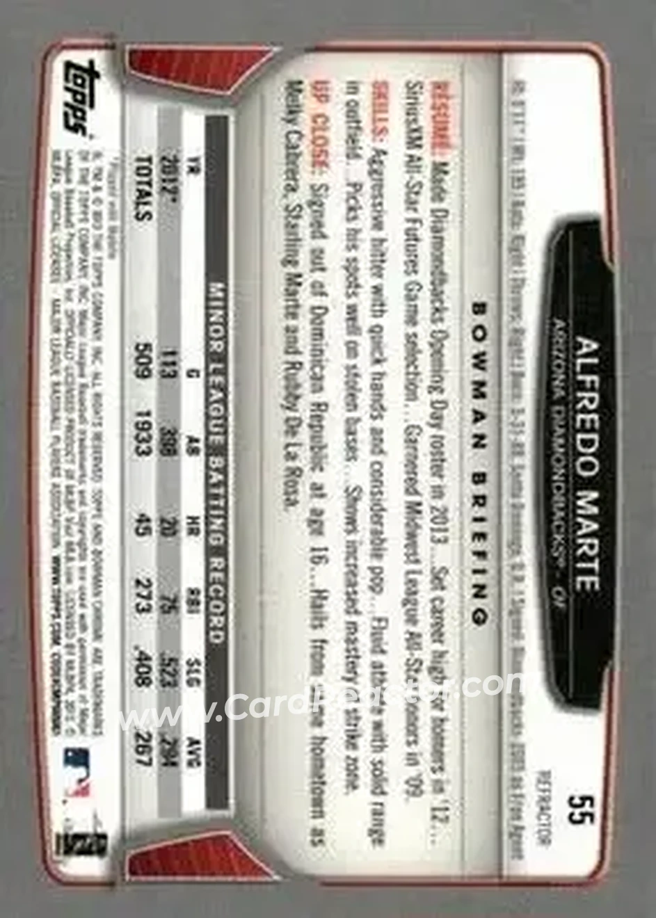 2013 Bowman Chrome - Green Refractors #55 - Alfredo Marte - Arizona Diamondbacks - Back