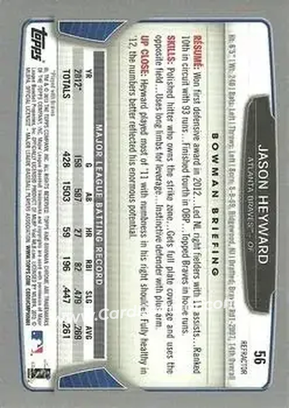 2013 Bowman Chrome - Green Refractors #56 - Jason Heyward - Atlanta Braves - Back