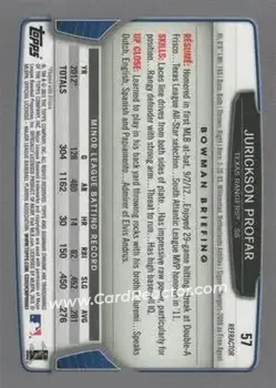 2013 Bowman Chrome - Green Refractors #57 - Jurickson Profar - Texas Rangers - Back 2013 Bowman Chrome - Green Refractors #57 - Jurickson Profar - Texas Rangers - Back