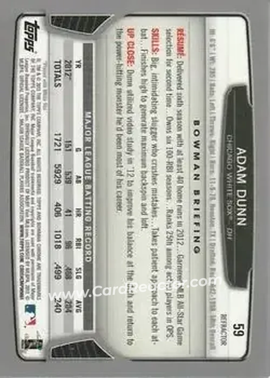 2013 Bowman Chrome - Green Refractors #59 - Adam Dunn - Chicago White Sox - Back