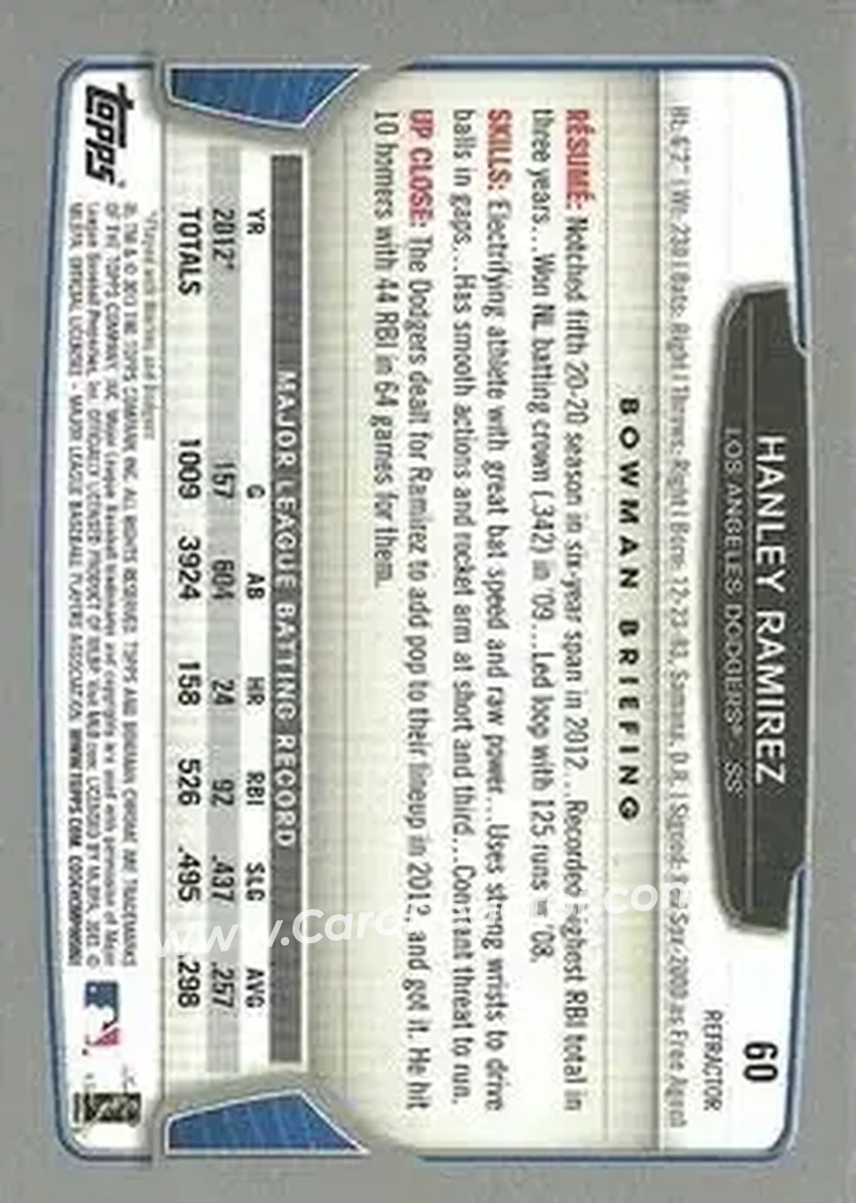 2013 Bowman Chrome - Green Refractors #60 - Hanley Ramirez - Los Angeles Dodgers - Back