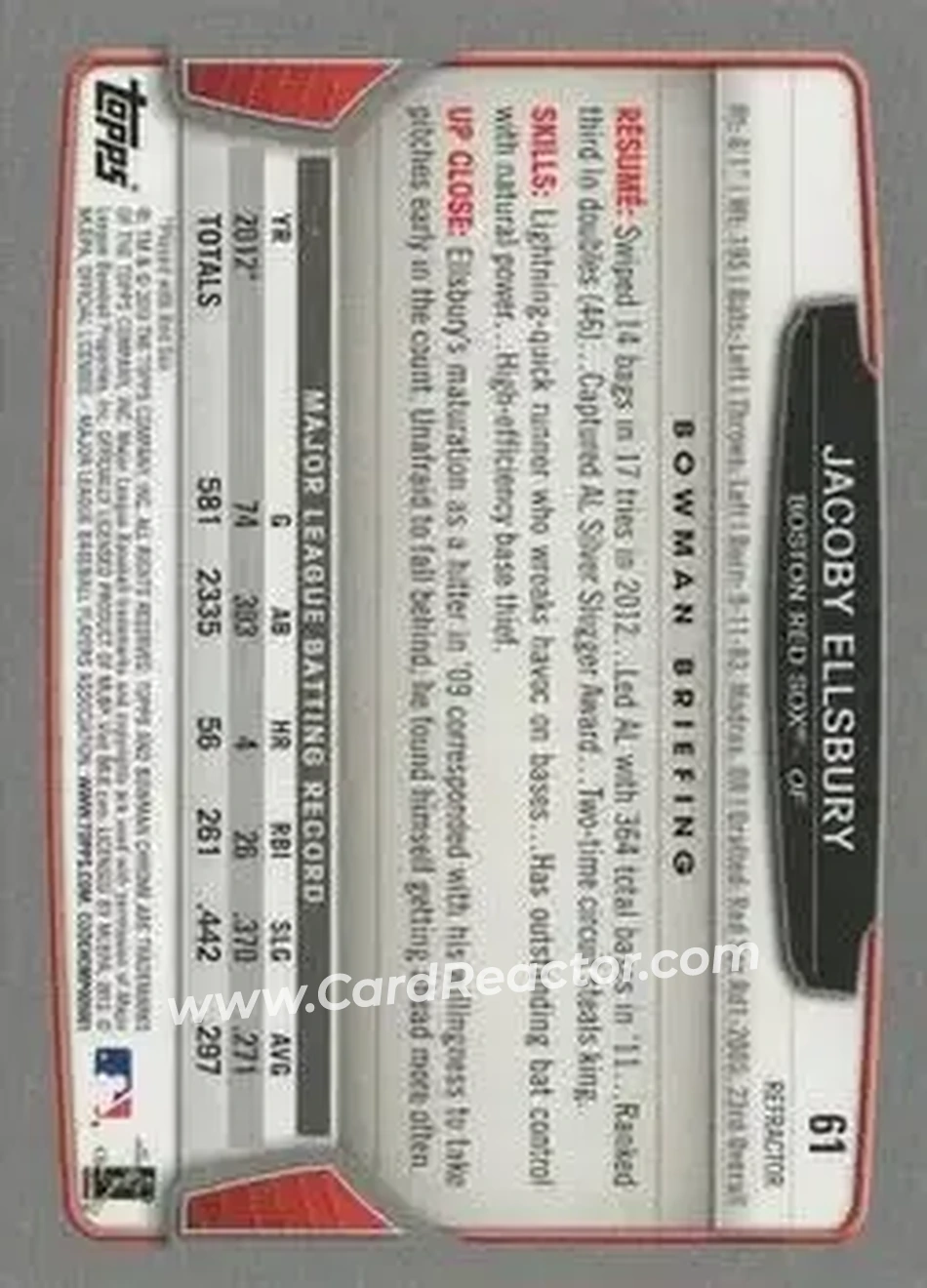 2013 Bowman Chrome - Green Refractors #61 - Jacoby Ellsbury - Boston Red Sox - Back