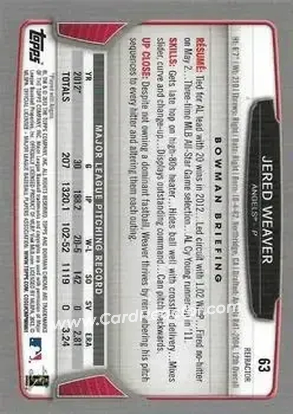 2013 Bowman Chrome - Green Refractors #63 - Jered Weaver - Los Angeles Angels - Back