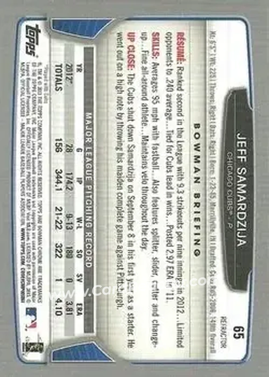 2013 Bowman Chrome - Green Refractors #65 - Jeff Samardzija - Chicago Cubs - Back