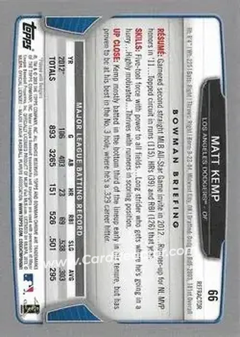 2013 Bowman Chrome - Green Refractors #66 - Matt Kemp - Los Angeles Dodgers - Back