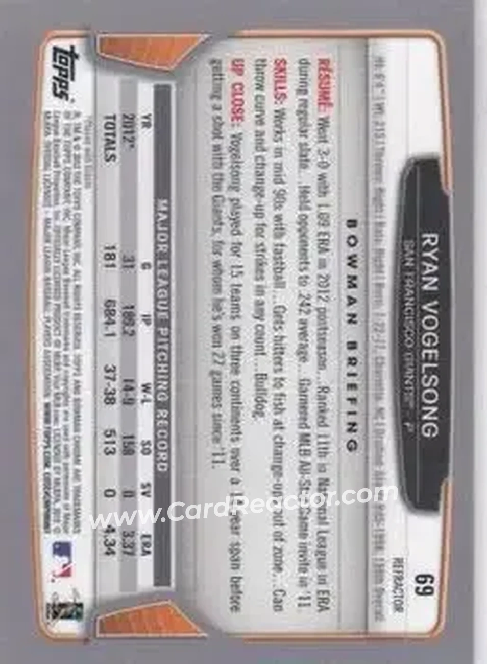 2013 Bowman Chrome - Green Refractors #69 - Ryan Vogelsong - San Francisco Giants - Back