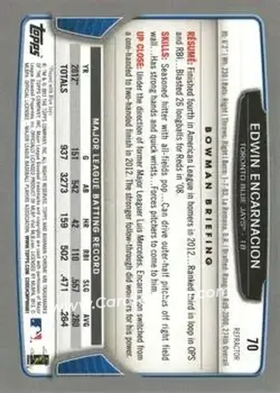 2013 Bowman Chrome - Green Refractors #70 - Edwin Encarnacion - Toronto Blue Jays - Back