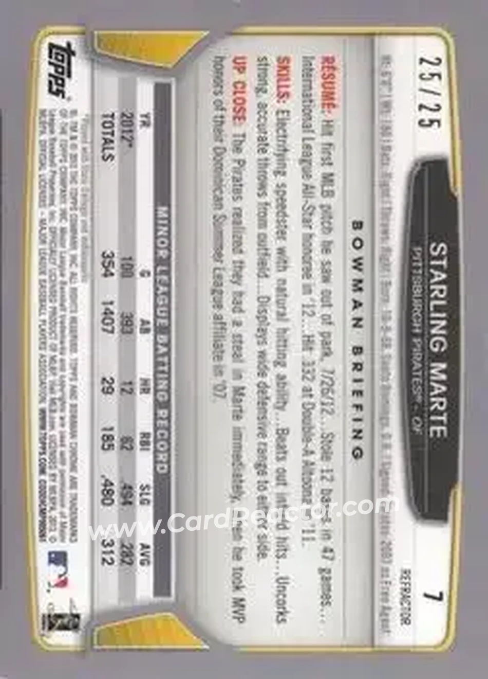 2013 Bowman Chrome - Orange Refractors #7 - Starling Marte - Pittsburgh Pirates - Back
