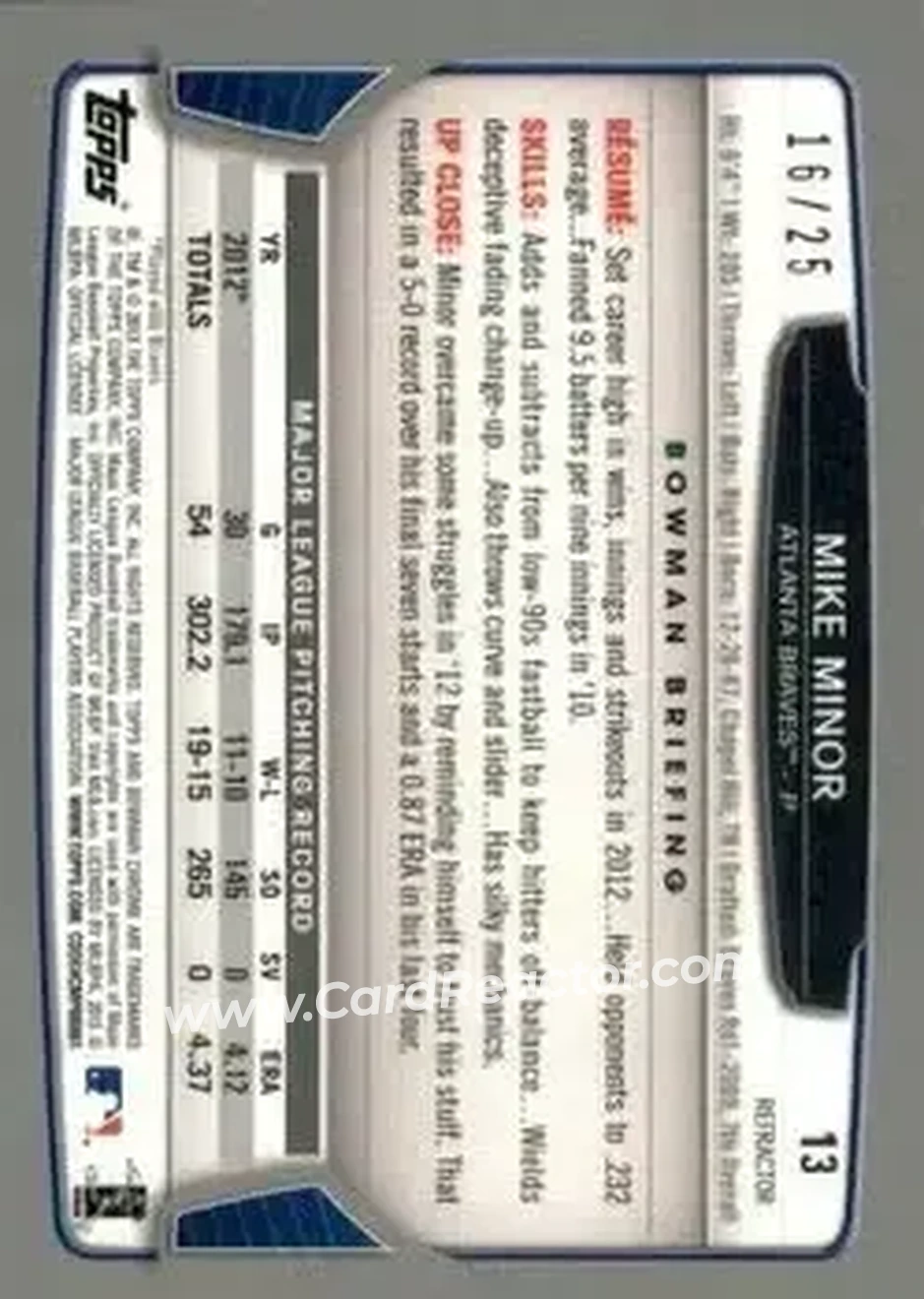 2013 Bowman Chrome - Orange Refractors #13 - Mike Minor - Atlanta Braves - Back 2013 Bowman Chrome - Orange Refractors #13 - Mike Minor - Atlanta Braves - Back