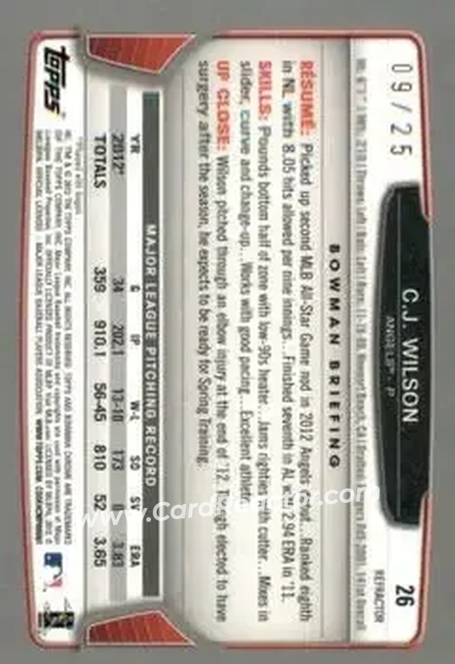 2013 Bowman Chrome - Orange Refractors #26 - C.J. Wilson - Los Angeles Angels - Back