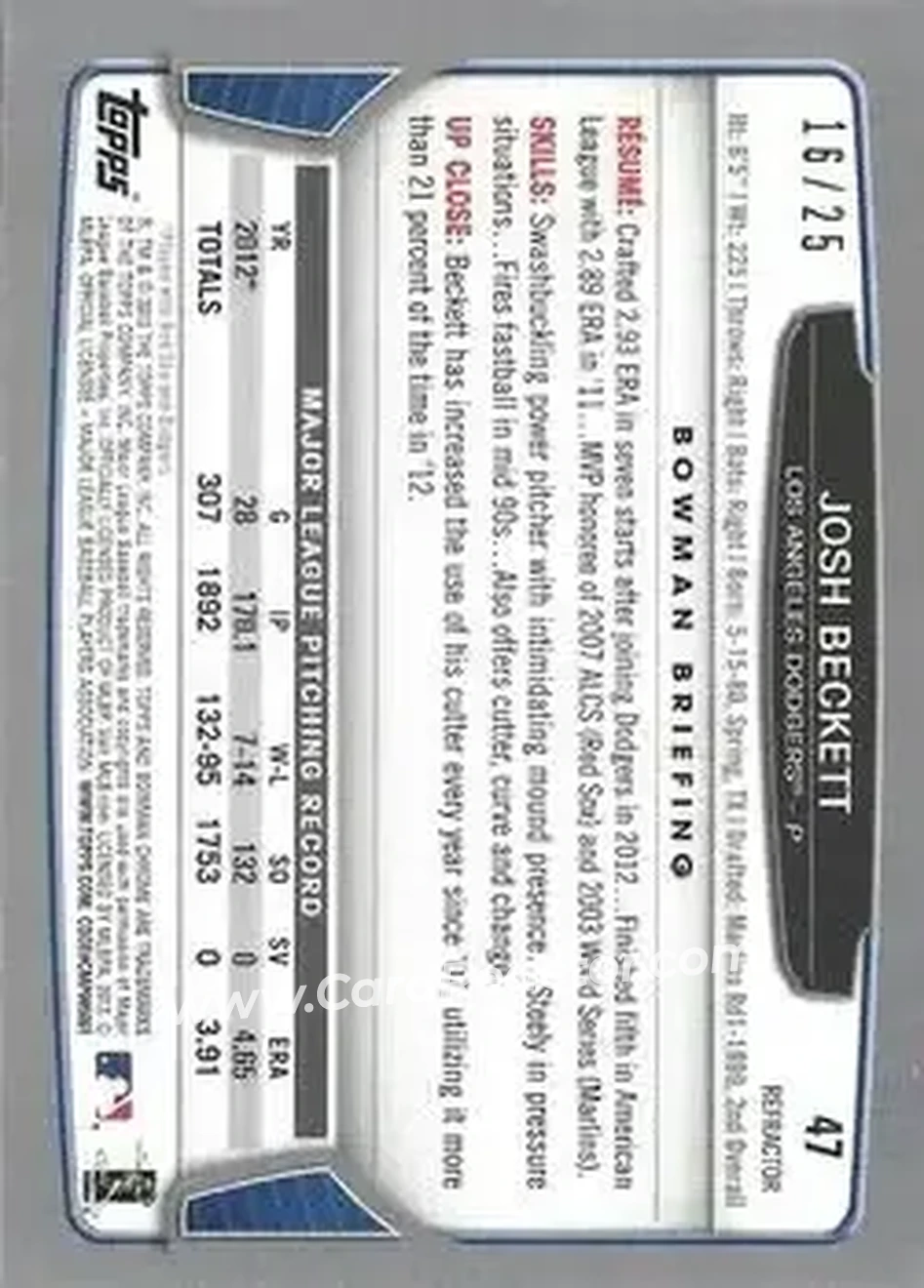 2013 Bowman Chrome - Orange Refractors #47 - Josh Beckett - Los Angeles Dodgers - Back