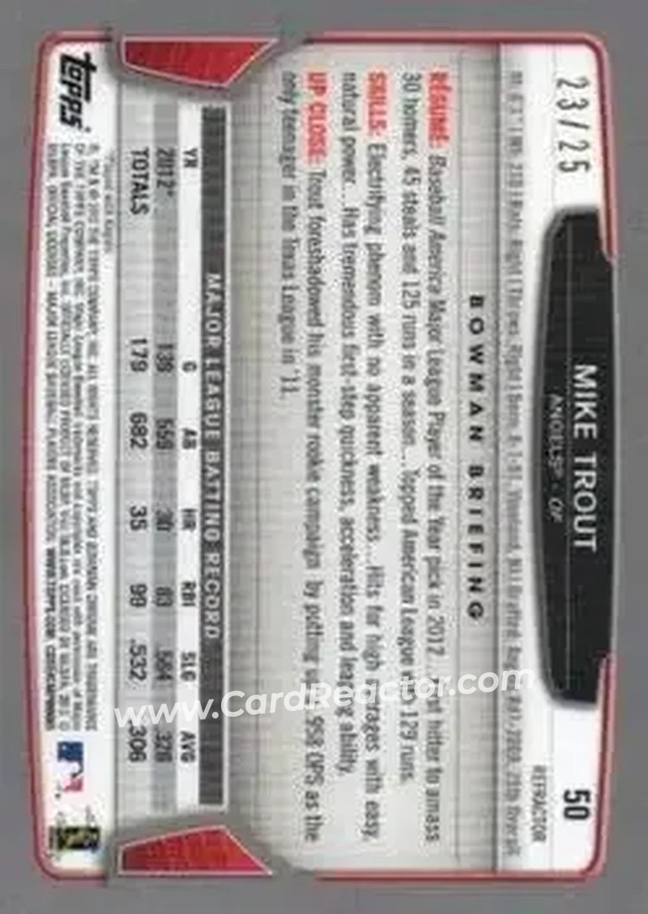 2013 Bowman Chrome - Orange Refractors #50 - Mike Trout - Los Angeles Angels - Back