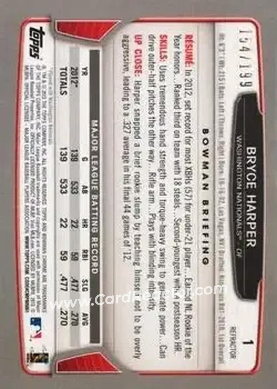 2013 Bowman Chrome - Purple Refractors #1 - Bryce Harper - Washington Nationals - Back 2013 Bowman Chrome - Purple Refractors #1 - Bryce Harper - Washington Nationals - Back