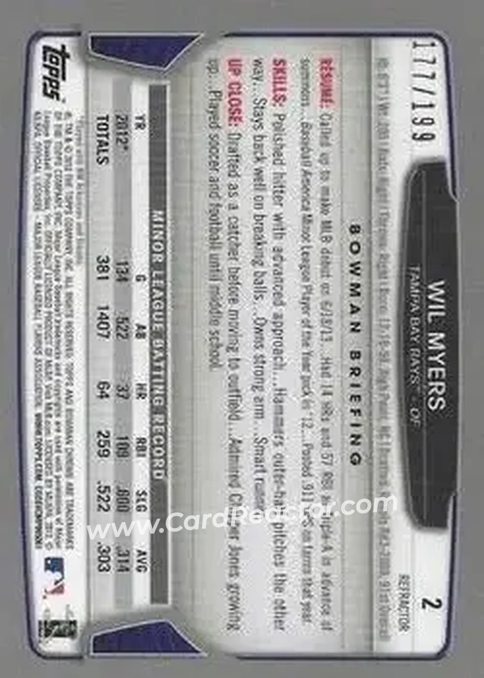 2013 Bowman Chrome - Purple Refractors #2 - Wil Myers - Tampa Bay Rays - Back 2013 Bowman Chrome - Purple Refractors #2 - Wil Myers - Tampa Bay Rays - Back