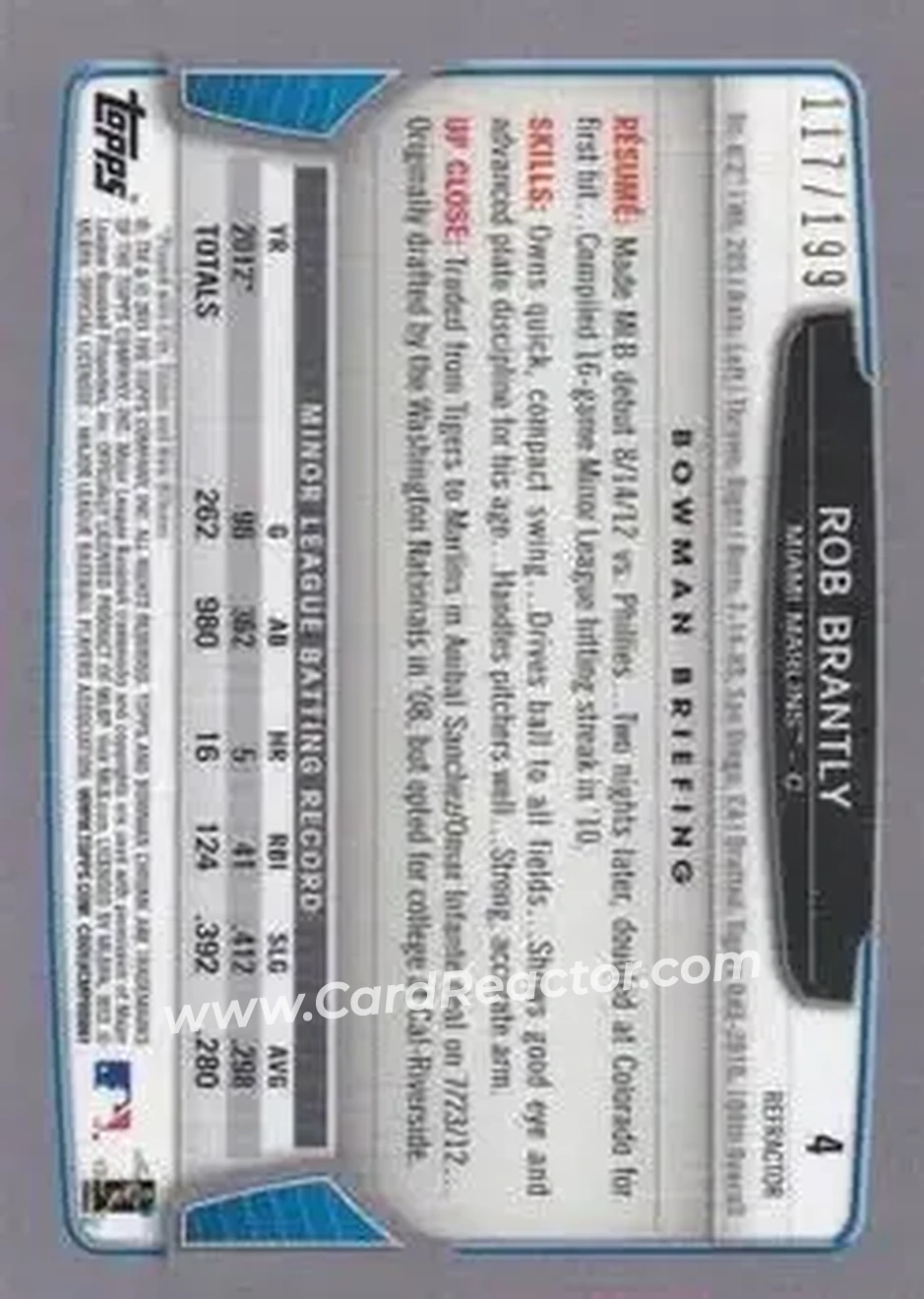 2013 Bowman Chrome - Purple Refractors #4 - Rob Brantly - Miami Marlins - Back