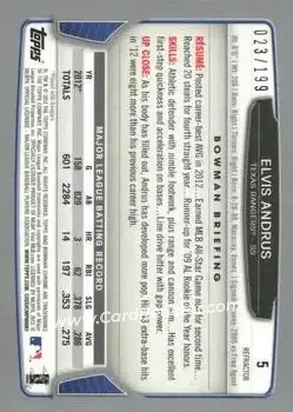 2013 Bowman Chrome - Purple Refractors #5 - Elvis Andrus - Texas Rangers - Back 2013 Bowman Chrome - Purple Refractors #5 - Elvis Andrus - Texas Rangers - Back