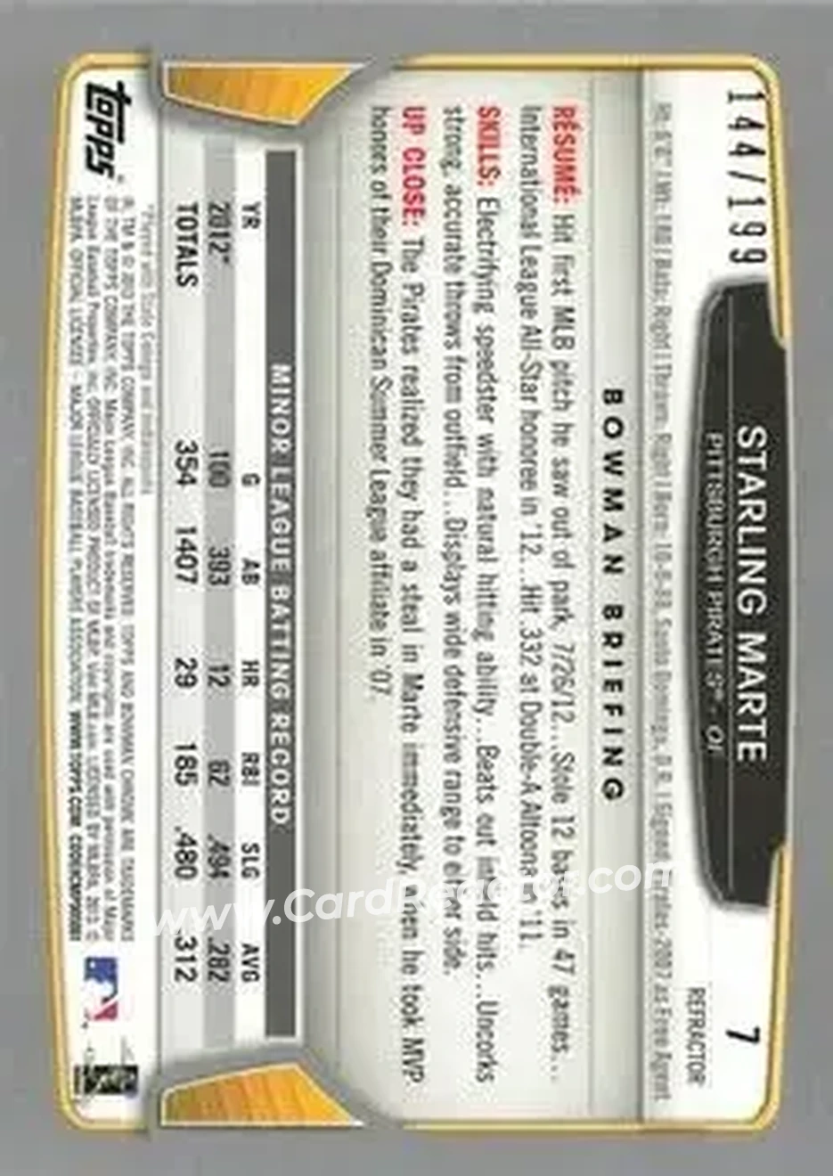 2013 Bowman Chrome - Purple Refractors #7 - Starling Marte - Pittsburgh Pirates - Back