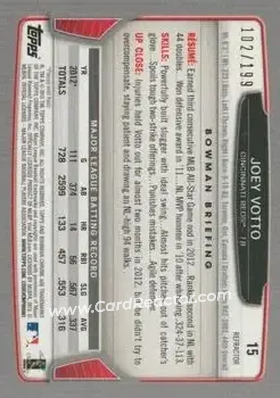 2013 Bowman Chrome - Purple Refractors #15 - Joey Votto - Cincinnati Reds - Back 2013 Bowman Chrome - Purple Refractors #15 - Joey Votto - Cincinnati Reds - Back