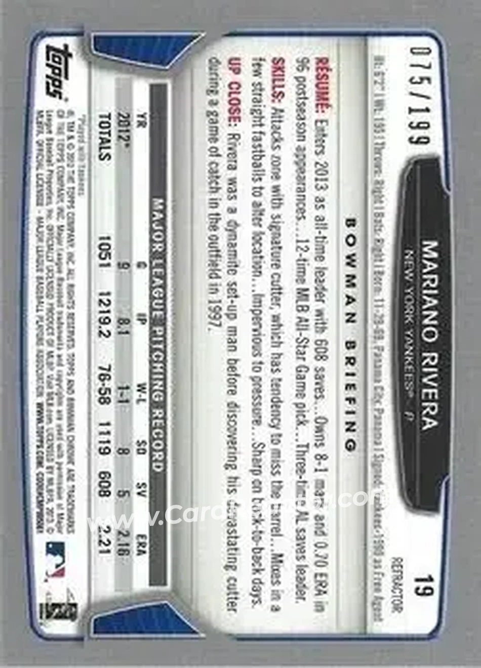 2013 Bowman Chrome - Purple Refractors #19 - Mariano Rivera - New York Yankees - Back 2013 Bowman Chrome - Purple Refractors #19 - Mariano Rivera - New York Yankees - Back