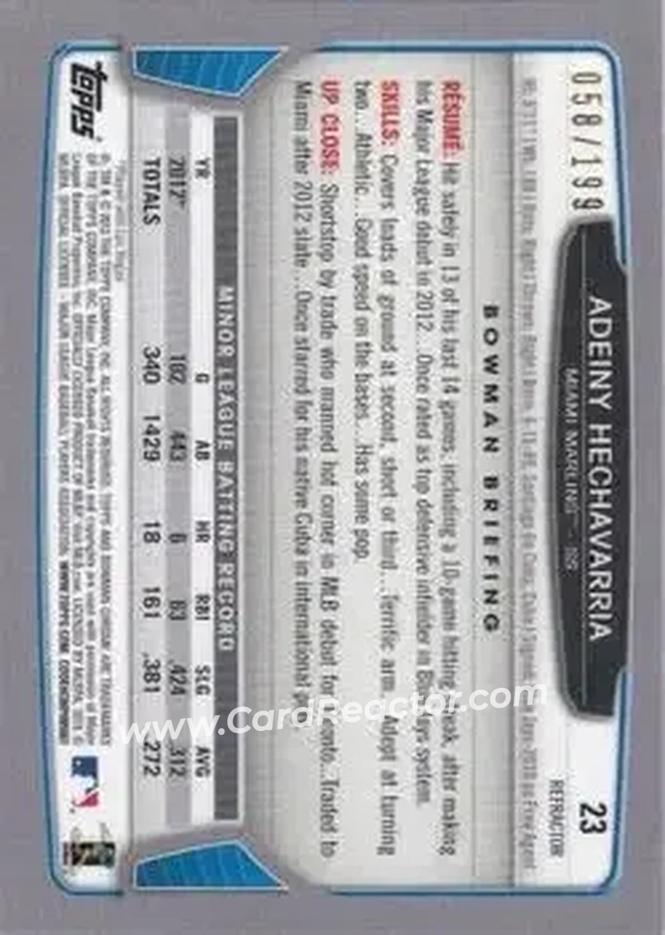 2013 Bowman Chrome - Purple Refractors #23 - Adeiny Hechavarria - Miami Marlins - Back 2013 Bowman Chrome - Purple Refractors #23 - Adeiny Hechavarria - Miami Marlins - Back