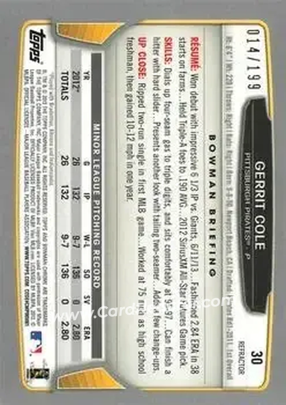 2013 Bowman Chrome - Purple Refractors #30 - Gerrit Cole - Pittsburgh Pirates - Back