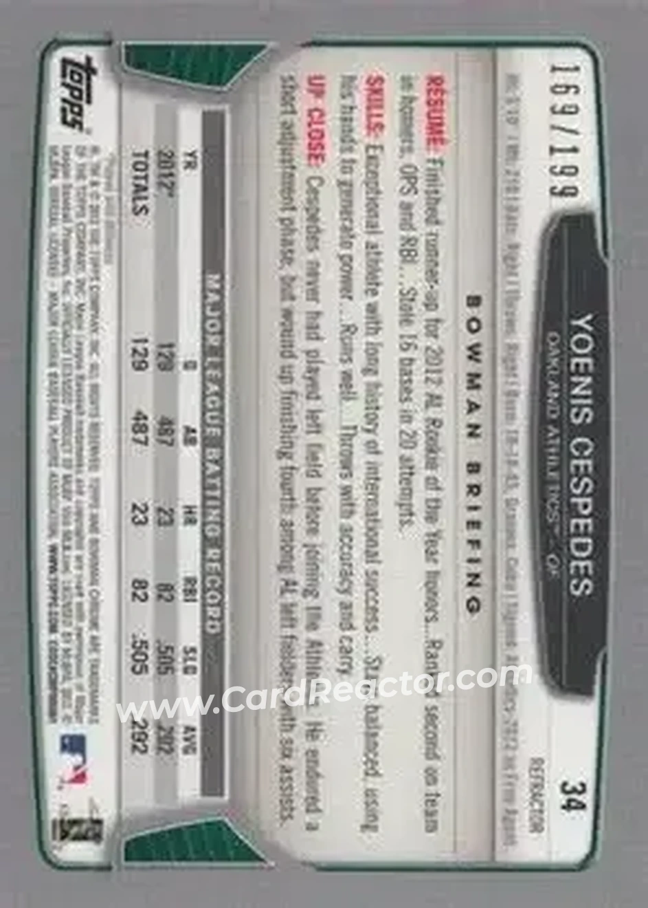 2013 Bowman Chrome - Purple Refractors #34 - Yoenis Cespedes - Oakland Athletics - Back 2013 Bowman Chrome - Purple Refractors #34 - Yoenis Cespedes - Oakland Athletics - Back