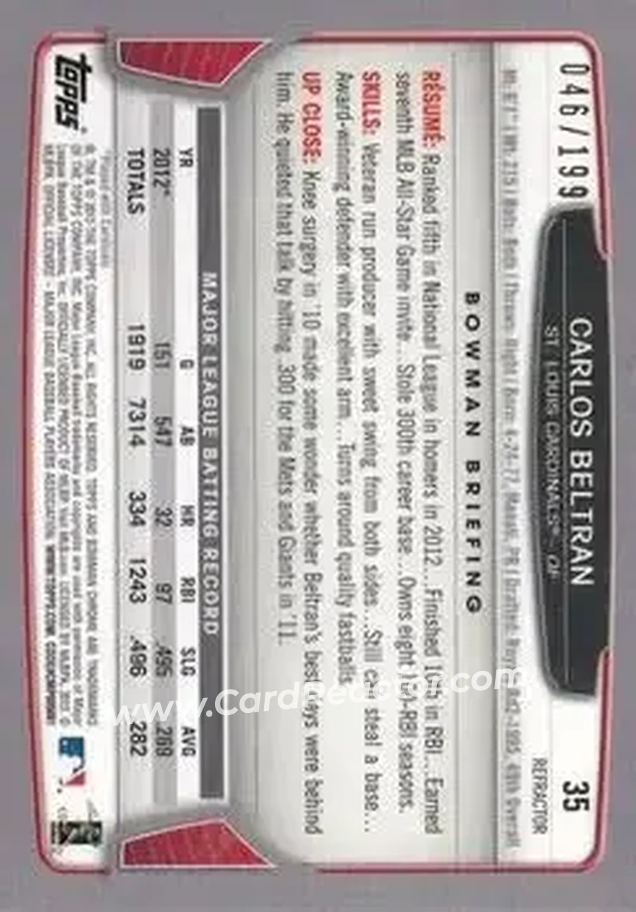 2013 Bowman Chrome - Purple Refractors #35 - Carlos Beltran - St. Louis Cardinals - Back 2013 Bowman Chrome - Purple Refractors #35 - Carlos Beltran - St. Louis Cardinals - Back