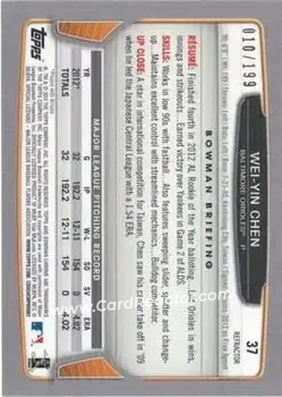 2013 Bowman Chrome - Purple Refractors #37 - Wei-Yin Chen - Baltimore Orioles - Back
