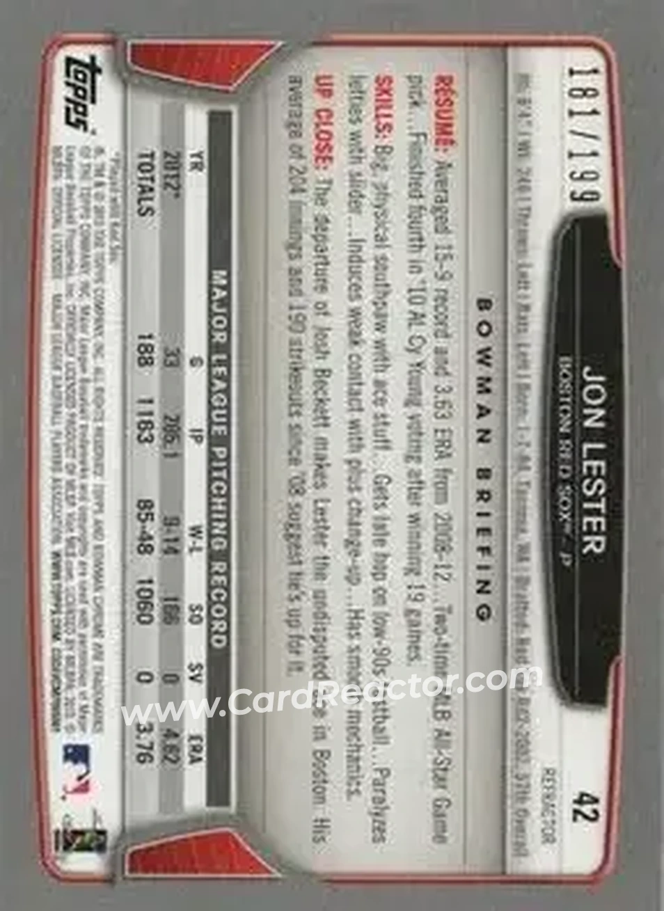 2013 Bowman Chrome - Purple Refractors #42 - Jon Lester - Boston Red Sox - Back