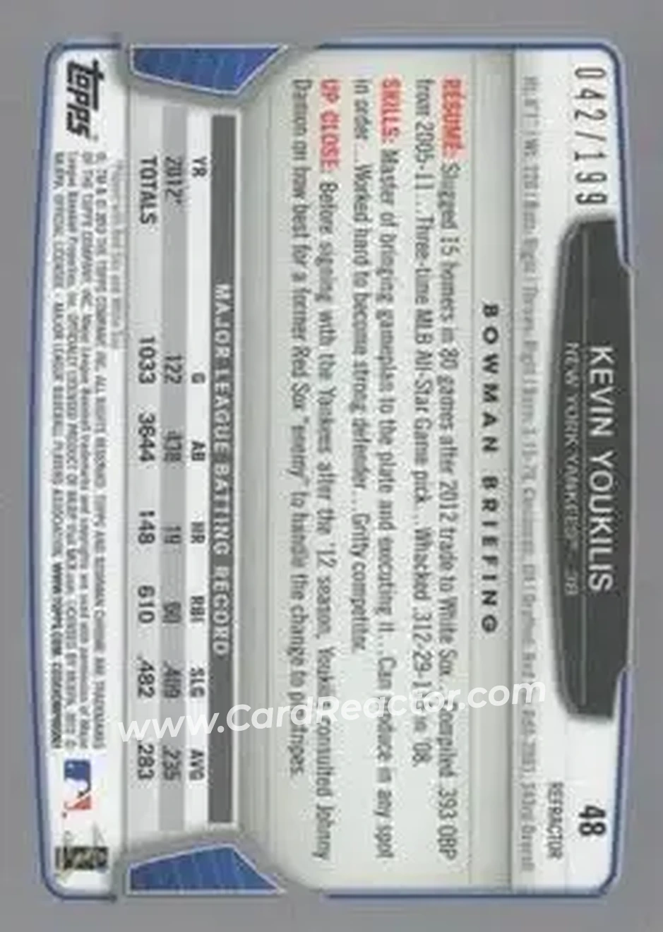 2013 Bowman Chrome - Purple Refractors #48 - Kevin Youkilis - New York Yankees - Back