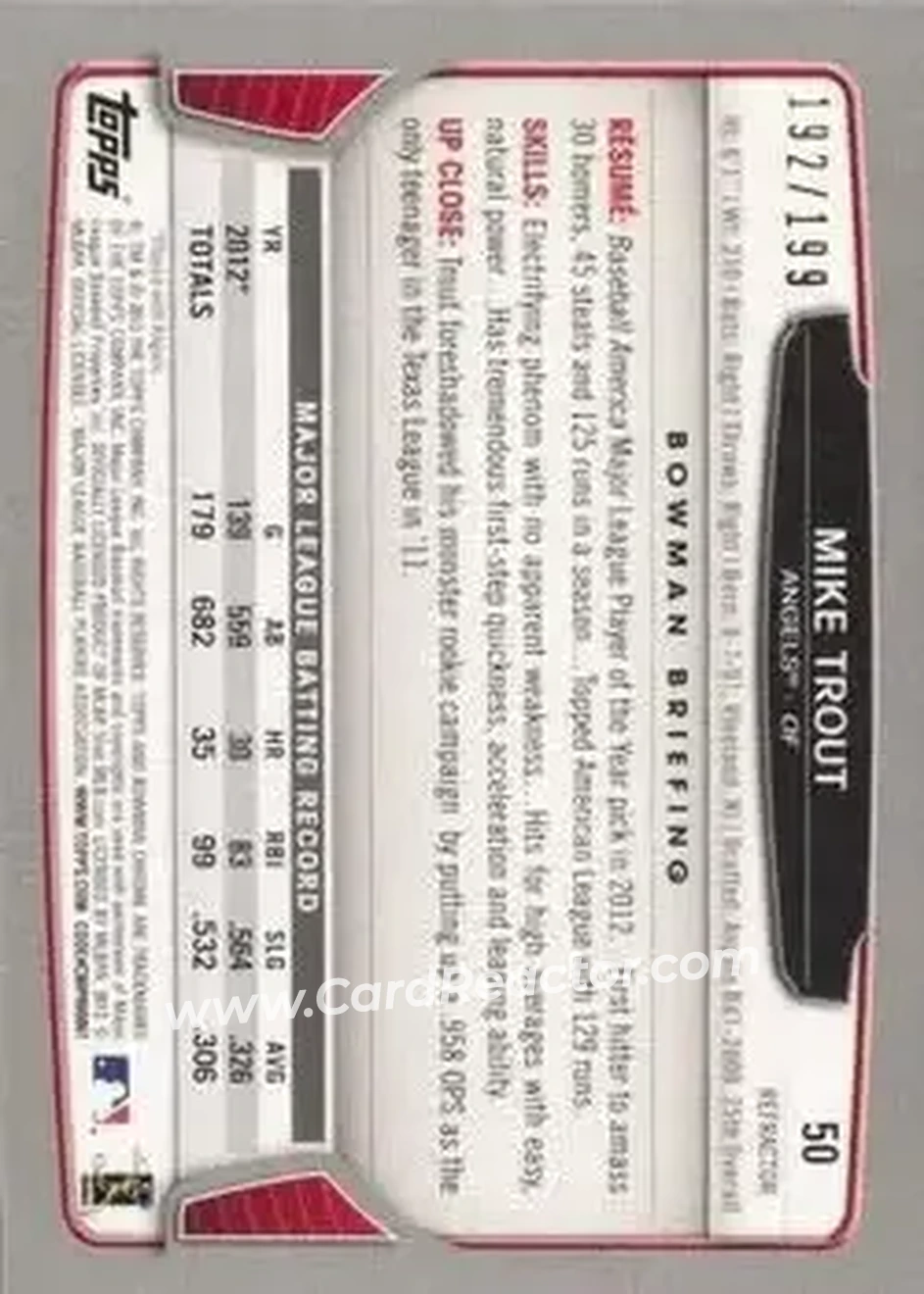 2013 Bowman Chrome - Purple Refractors #50 - Mike Trout - Los Angeles Angels - Back 2013 Bowman Chrome - Purple Refractors #50 - Mike Trout - Los Angeles Angels - Back