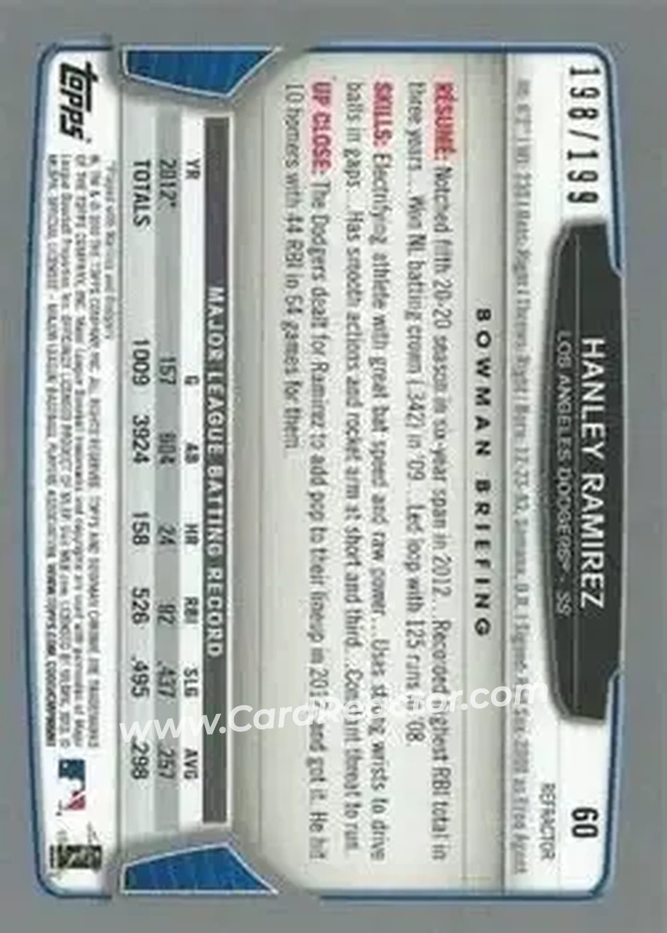 2013 Bowman Chrome - Purple Refractors #60 - Hanley Ramirez - Los Angeles Dodgers - Back