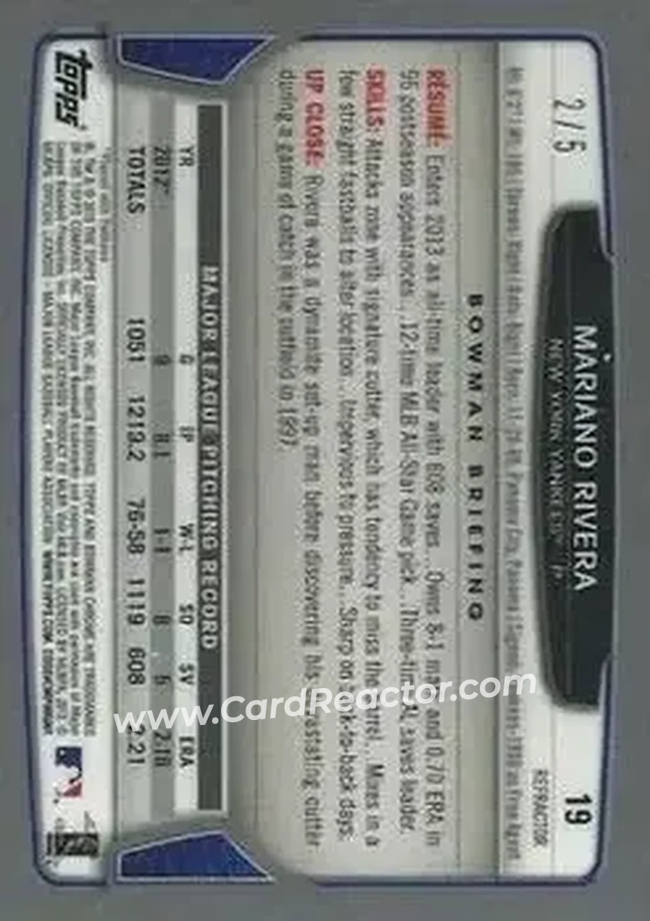 2013 Bowman Chrome - Red Refractors #19 - Mariano Rivera - New York Yankees - Back