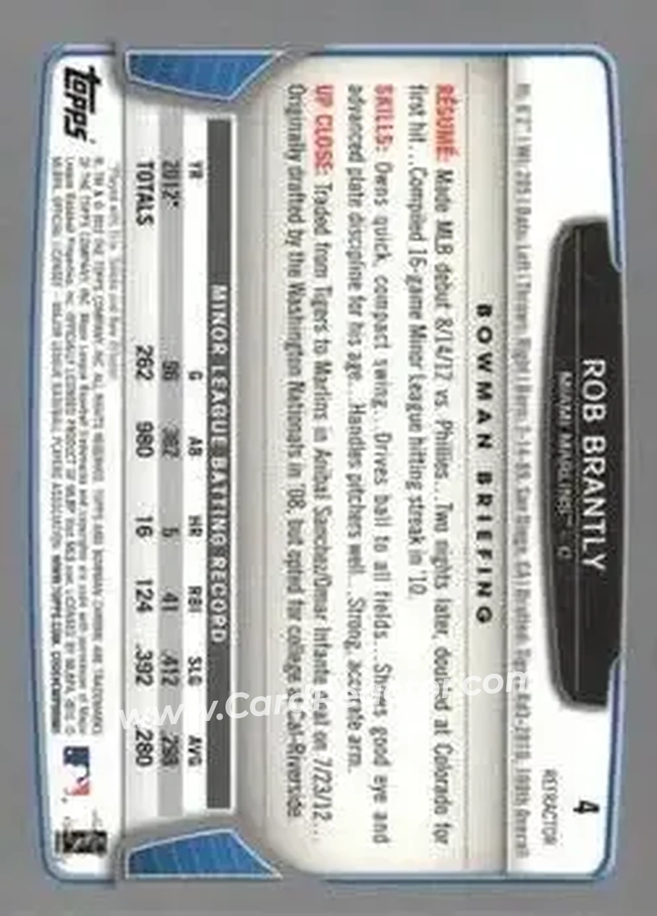 2013 Bowman Chrome - Refractors #4 - Rob Brantly - Miami Marlins - Back 2013 Bowman Chrome - Refractors #4 - Rob Brantly - Miami Marlins - Back