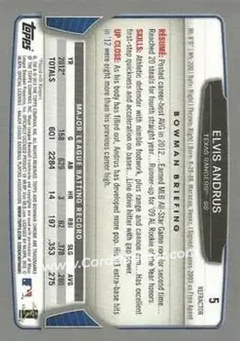 2013 Bowman Chrome - Refractors #5 - Elvis Andrus - Texas Rangers - Back