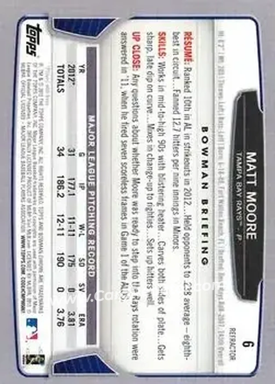 2013 Bowman Chrome - Refractors #6 - Matt Moore - Tampa Bay Rays - Back