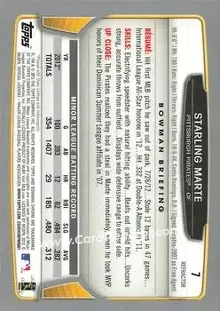 2013 Bowman Chrome - Refractors #7 - Starling Marte - Pittsburgh Pirates - Back