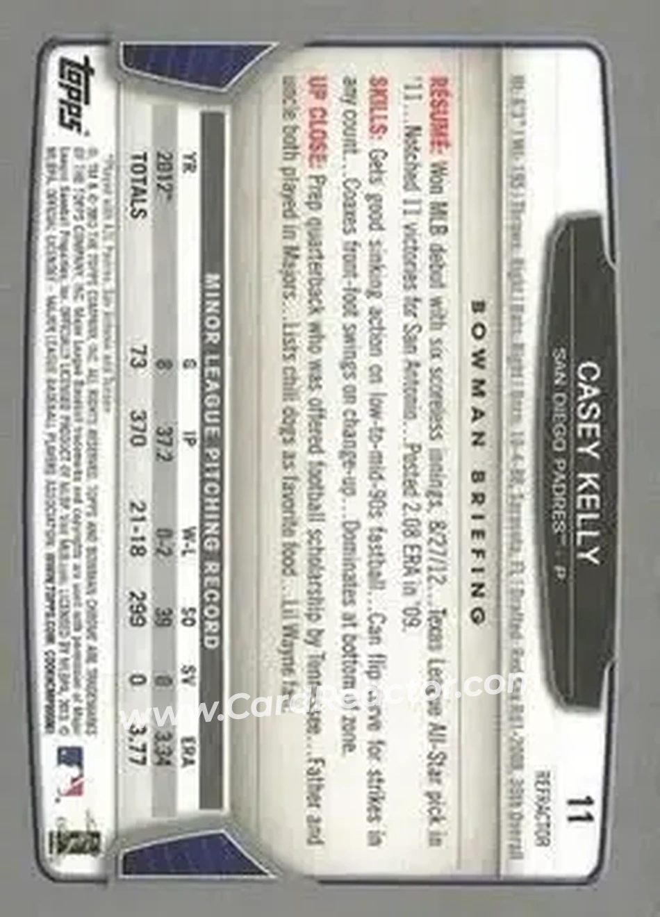 2013 Bowman Chrome - Refractors #11 - Casey Kelly - San Diego Padres - Back