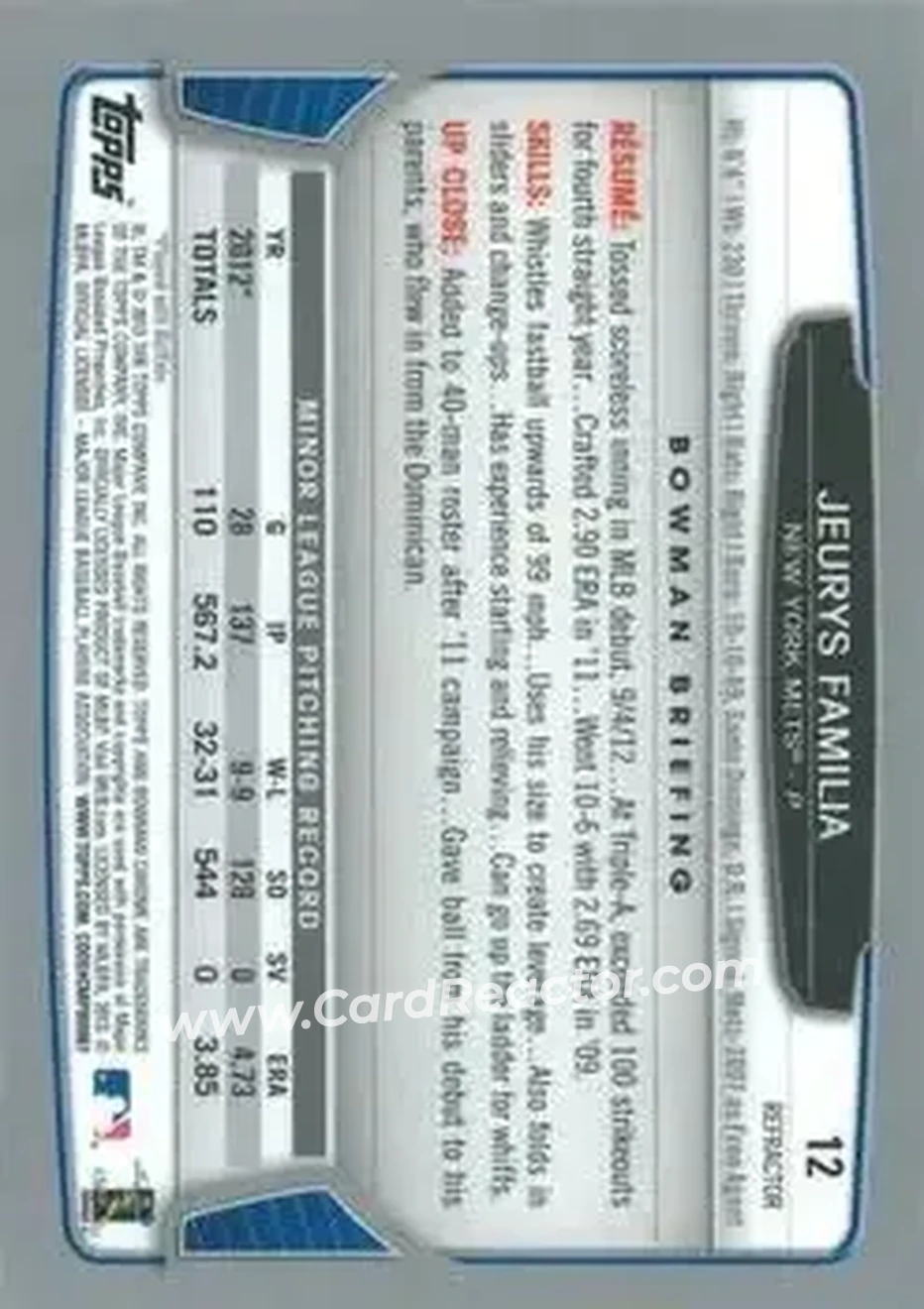 2013 Bowman Chrome - Refractors #12 - Jeurys Familia - New York Mets - Back