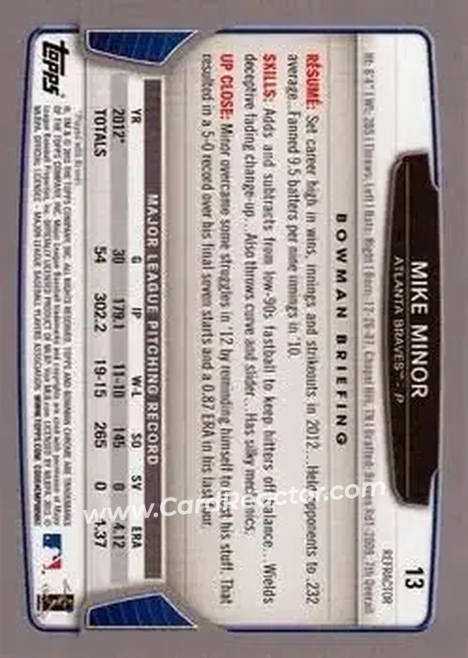 2013 Bowman Chrome - Refractors #13 - Mike Minor - Atlanta Braves - Back