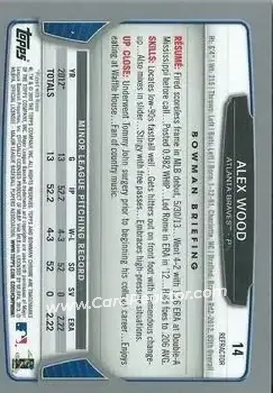 2013 Bowman Chrome - Refractors #14 - Alex Wood - Atlanta Braves - Back