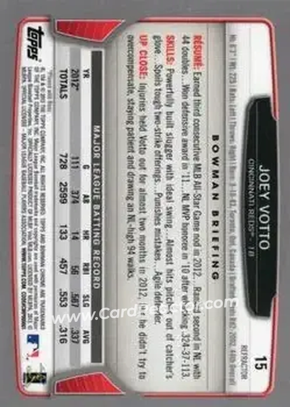 2013 Bowman Chrome - Refractors #15 - Joey Votto - Cincinnati Reds - Back