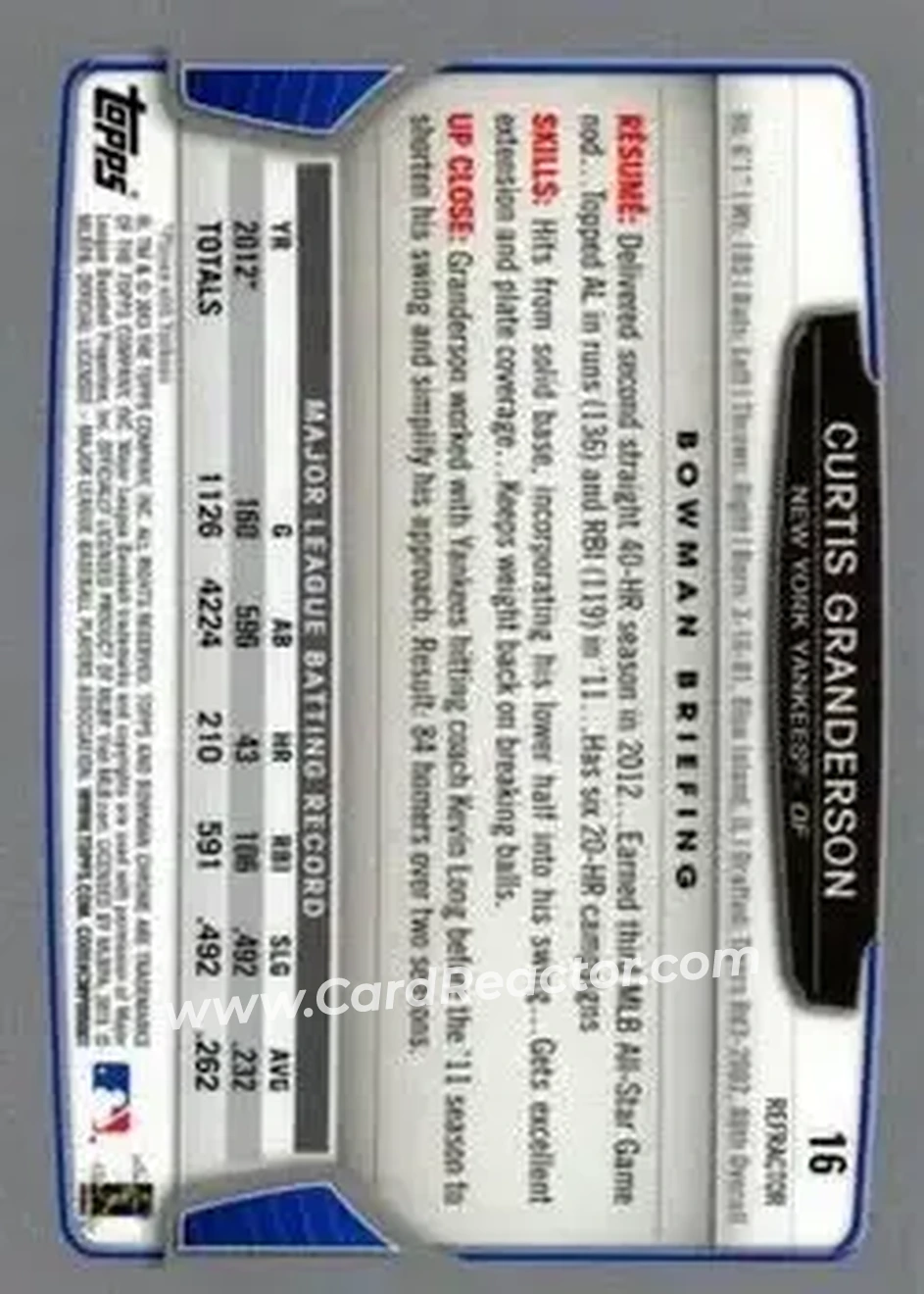 2013 Bowman Chrome - Refractors #16 - Curtis Granderson - New York Yankees - Back