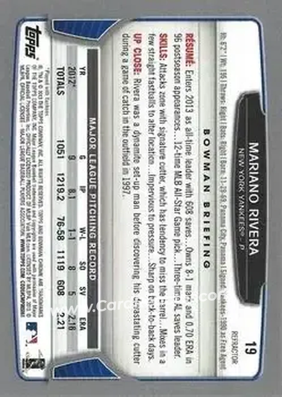 2013 Bowman Chrome - Refractors #19 - Mariano Rivera - New York Yankees - Back 2013 Bowman Chrome - Refractors #19 - Mariano Rivera - New York Yankees - Back