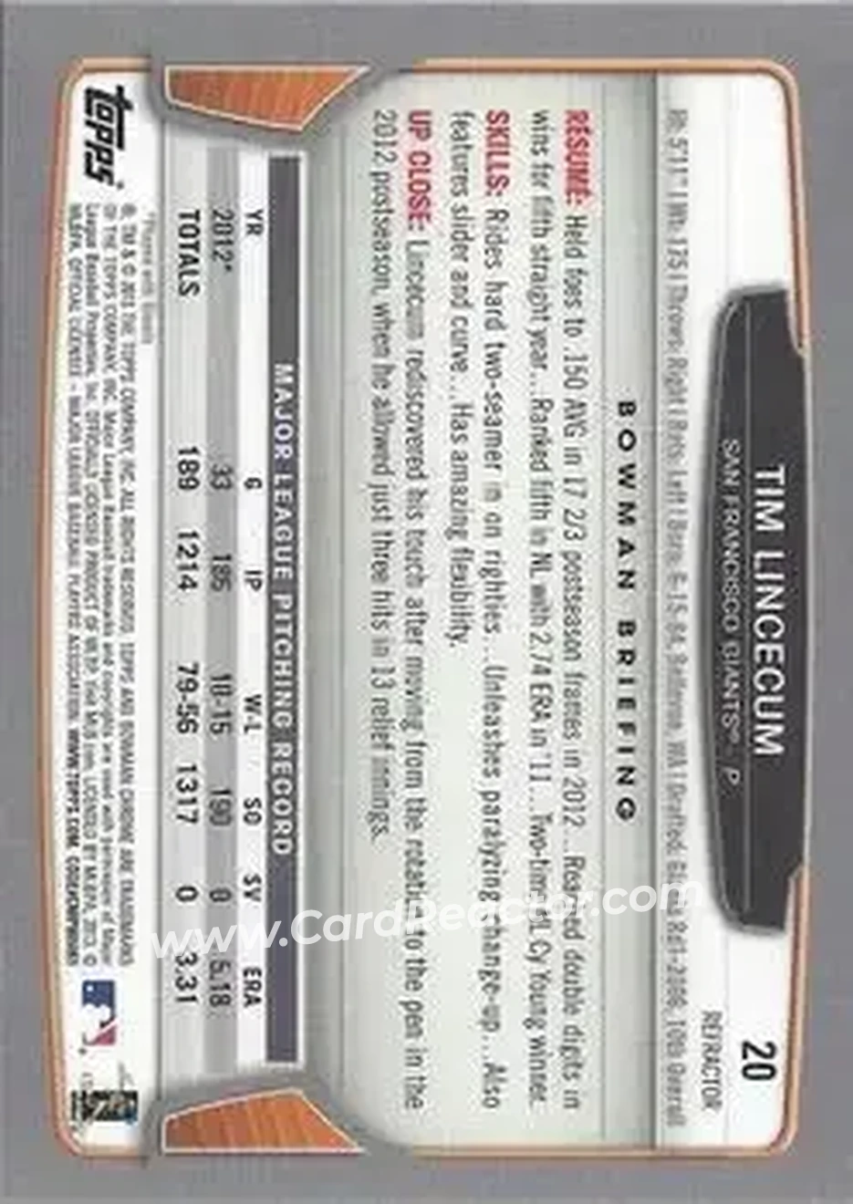 2013 Bowman Chrome - Refractors #20 - Tim Lincecum - San Francisco Giants - Back